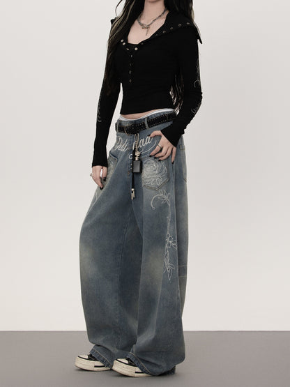 フラワープリント ストレートデニムパンツ TK0377