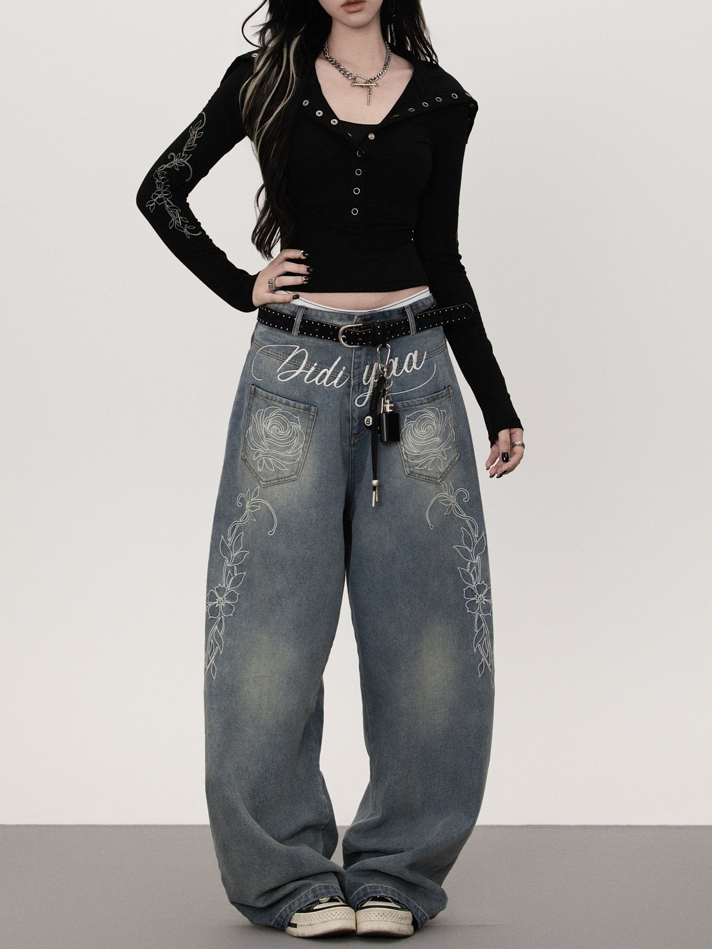 フラワープリント ストレートデニムパンツ TK0377