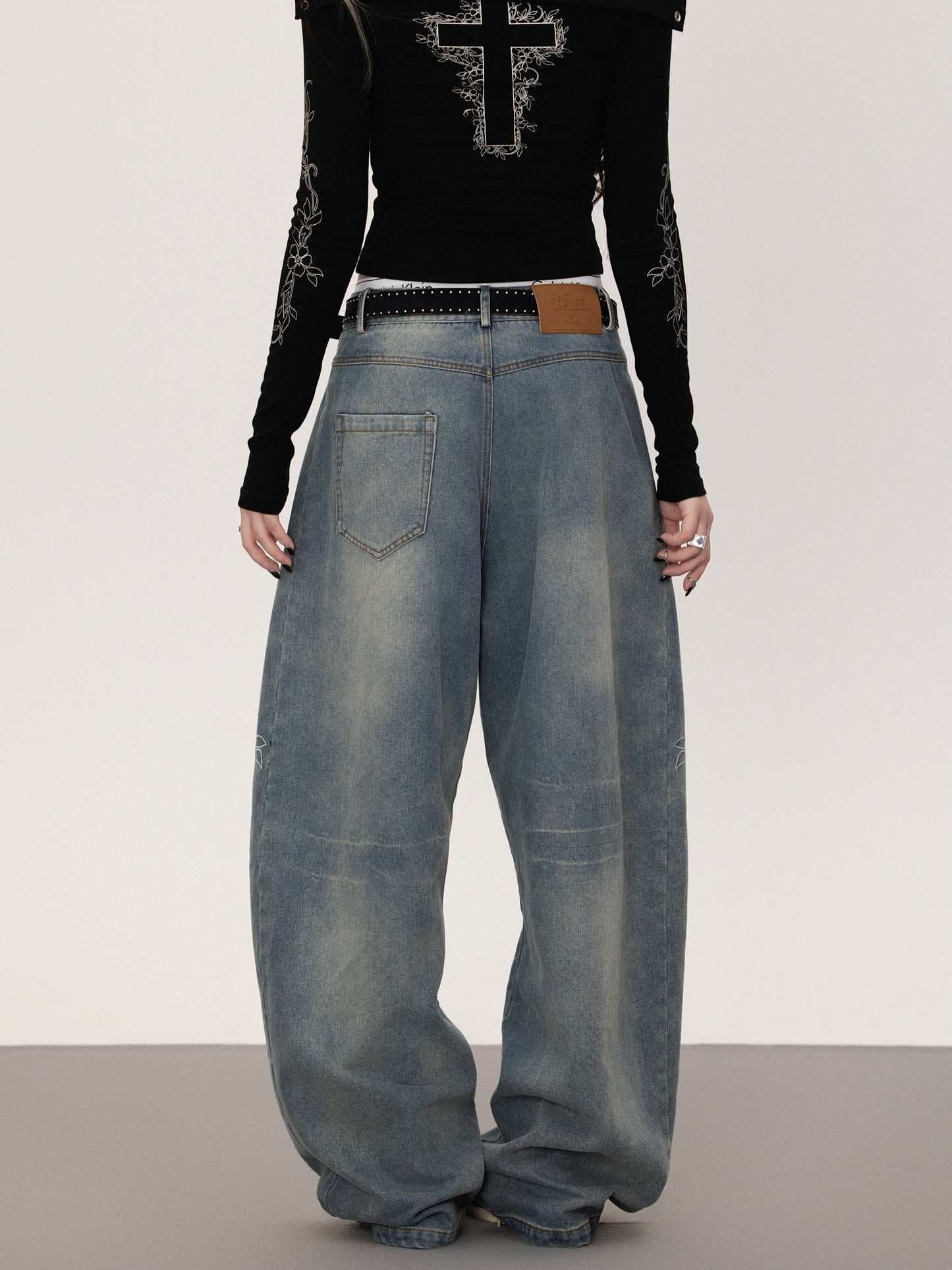 フラワープリント ストレートデニムパンツ TK0377