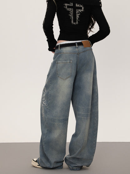 フラワープリント ストレートデニムパンツ TK0377