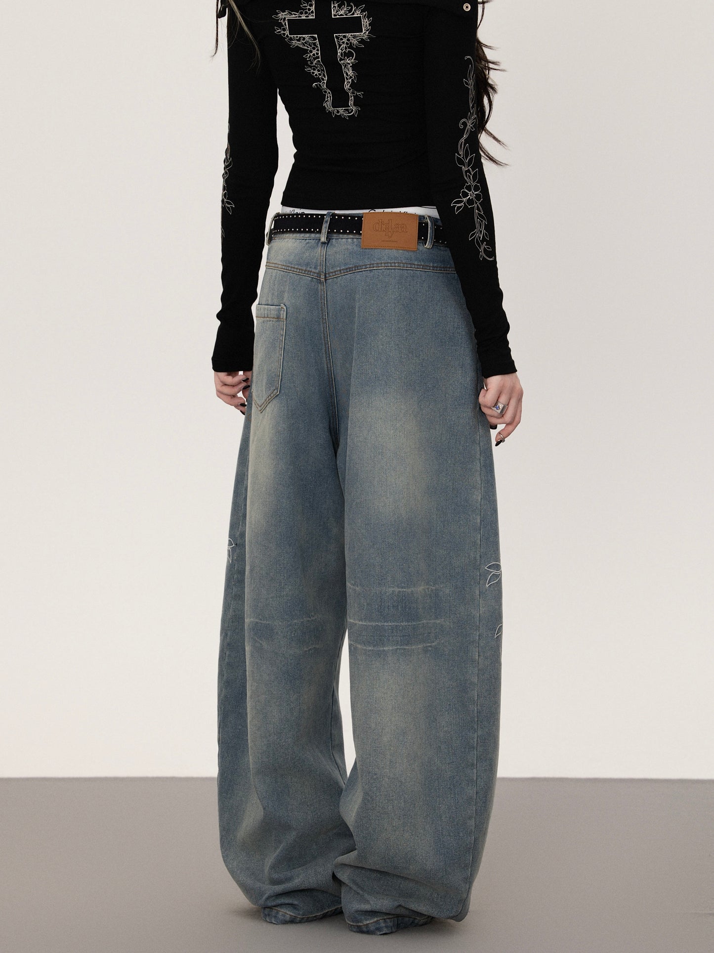 フラワープリント ストレートデニムパンツ TK0377