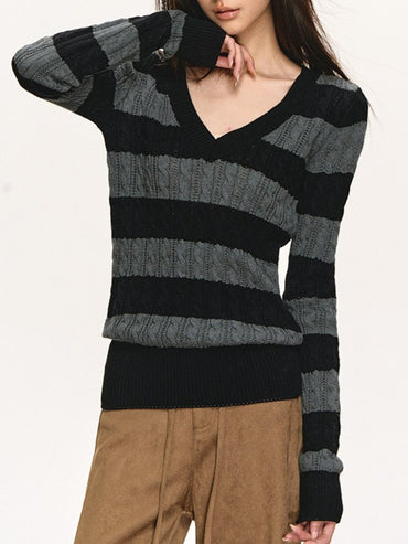バイカラー ストライプ Vネックトップス TK0381