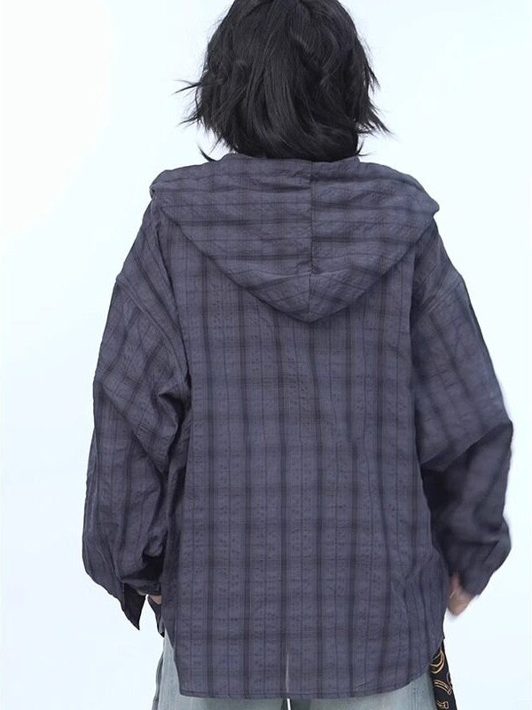 「限定セール」UVカット チェックフードシャツ TK0409