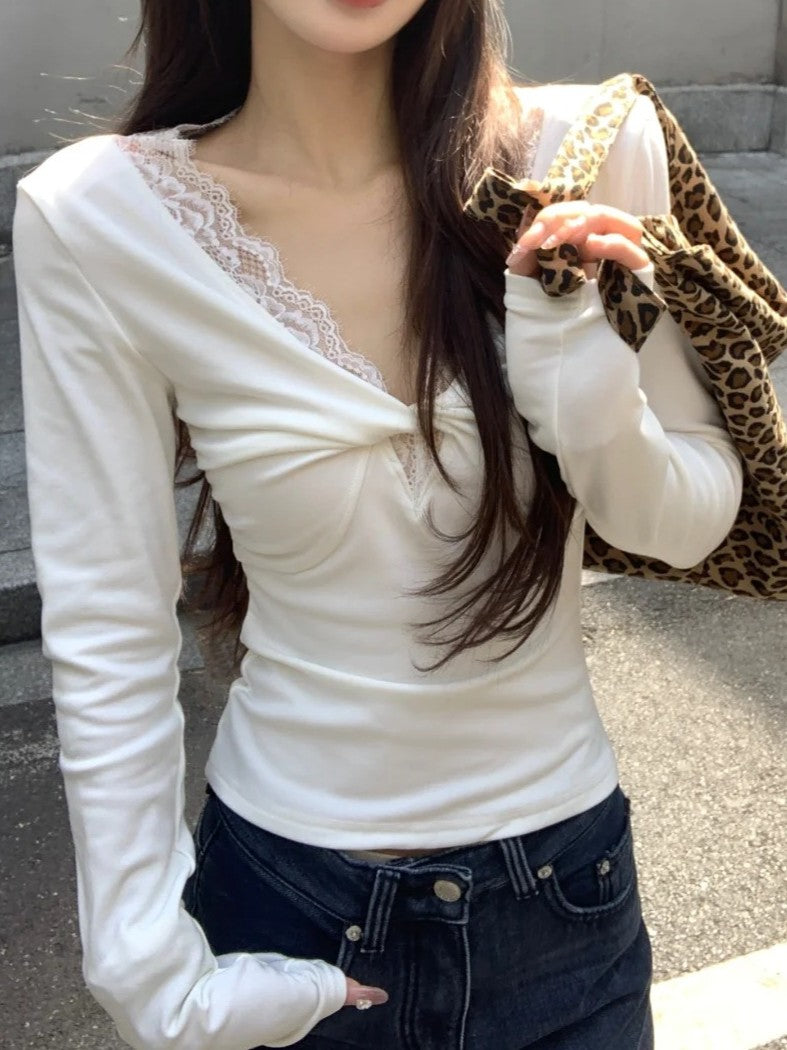 Vネック レースフレアスリーブTシャツ TK0420
