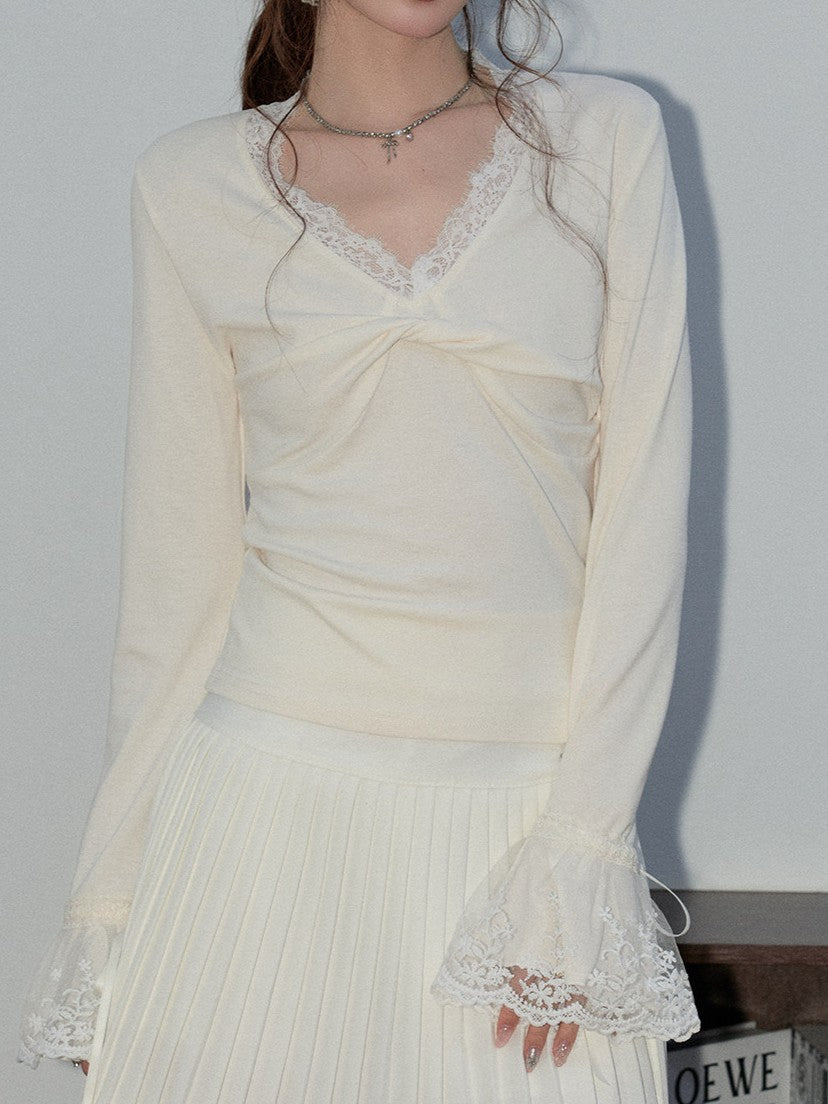 Vネック レースフレアスリーブTシャツ TK0420