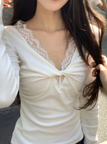 Vネック レースフレアスリーブTシャツ TK0420