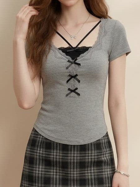 レースポイントフェイクレイヤードTシャツ TK0451