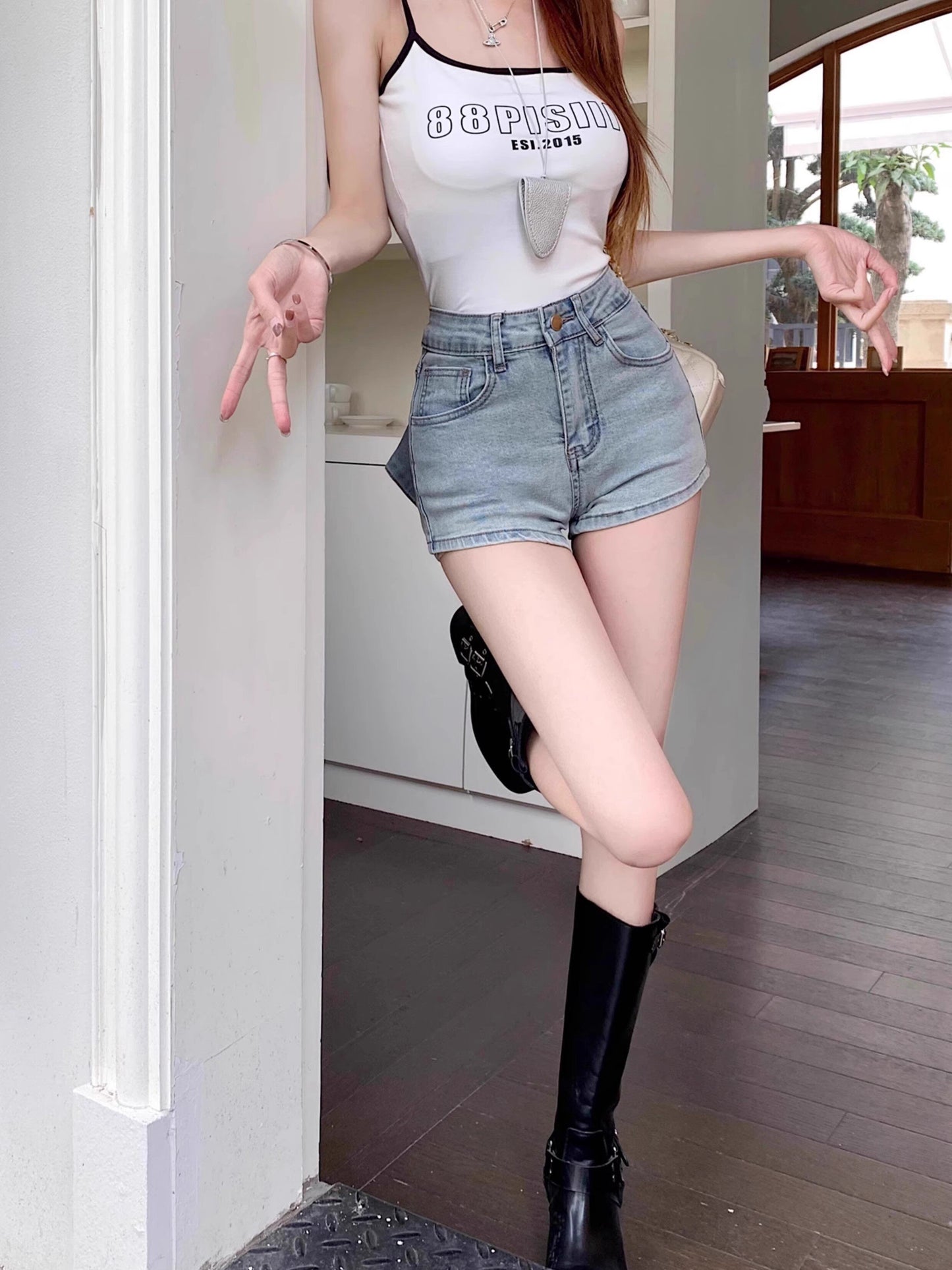 リボンデザインデニムショートパンツ TK0477