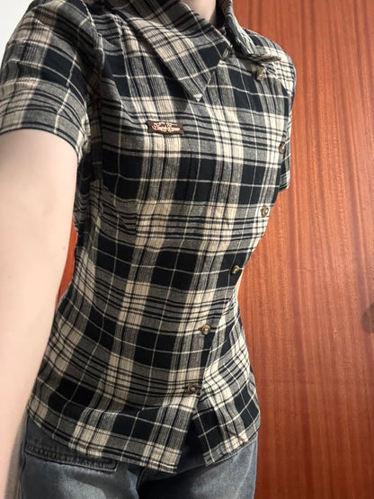 アシンメトリーボタンチェックTシャツ TK0506