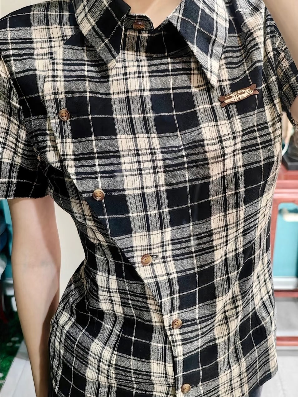 アシンメトリーボタンチェックTシャツ TK0506
