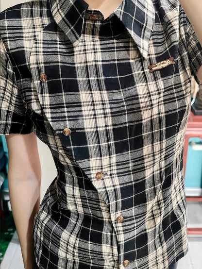 アシンメトリーボタンチェックTシャツ TK0506
