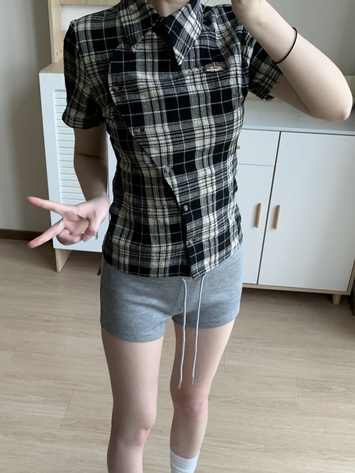 アシンメトリーボタンチェックTシャツ TK0506