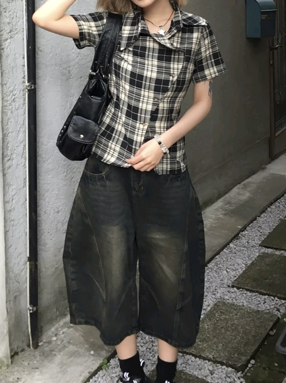 アシンメトリーボタンチェックTシャツ TK0506