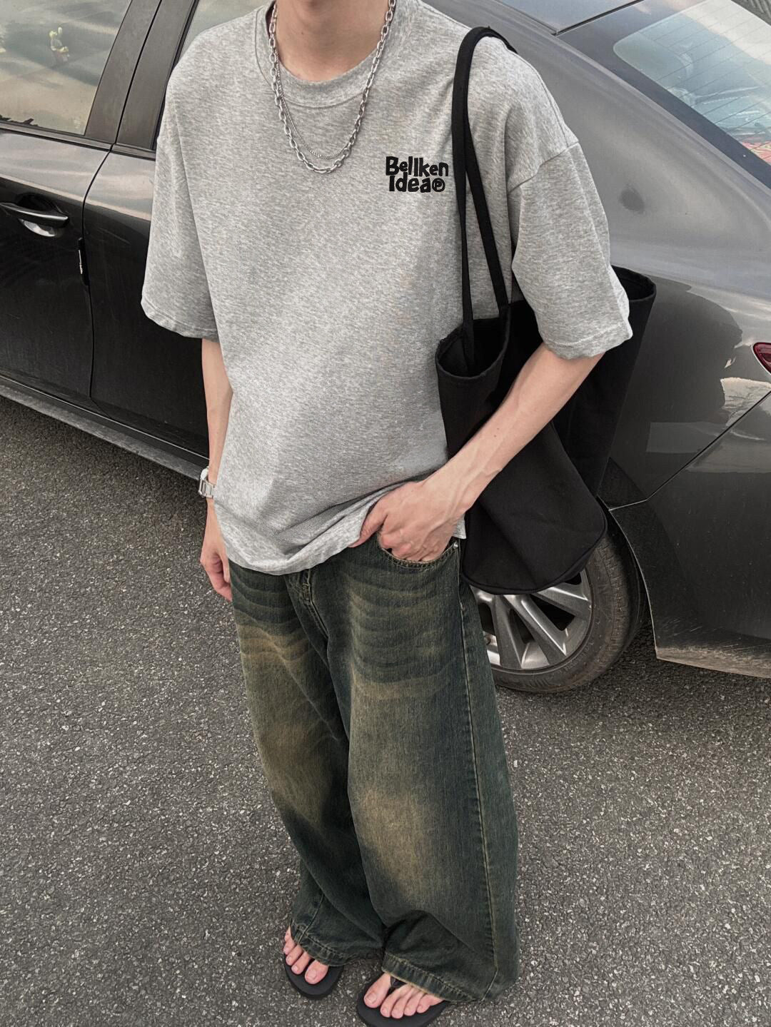 グレーコットンロゴプリントTシャツ TK0510