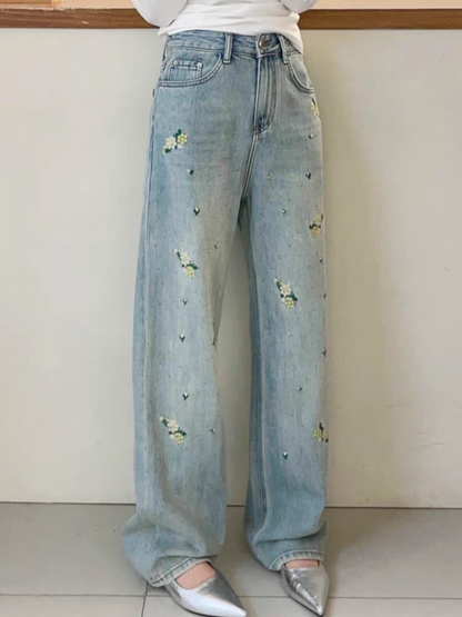フラワー刺繍セミワイドデニムパンツ TK0514
