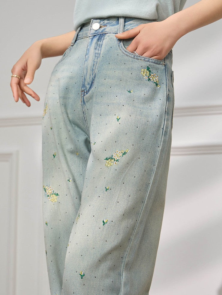 フラワー刺繍セミワイドデニムパンツ TK0514