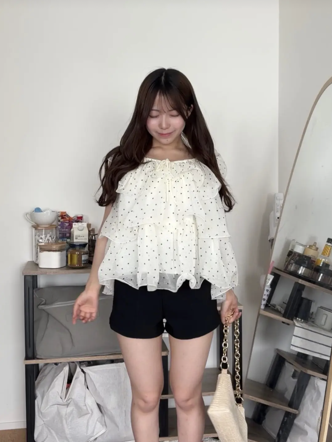 「yonjochan」2WAYリボンタイドットシフォンブラウス TK0529
