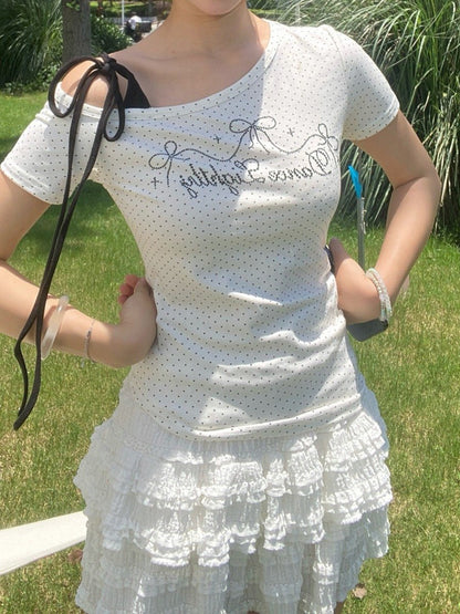 ドットストーン付きオフショルダーTシャツ TK0533