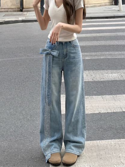 リボンストーン付きストレートデニムパンツ TK0548