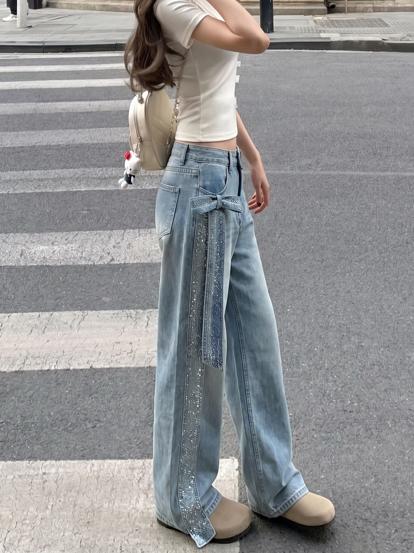 リボンストーン付きストレートデニムパンツ TK0548