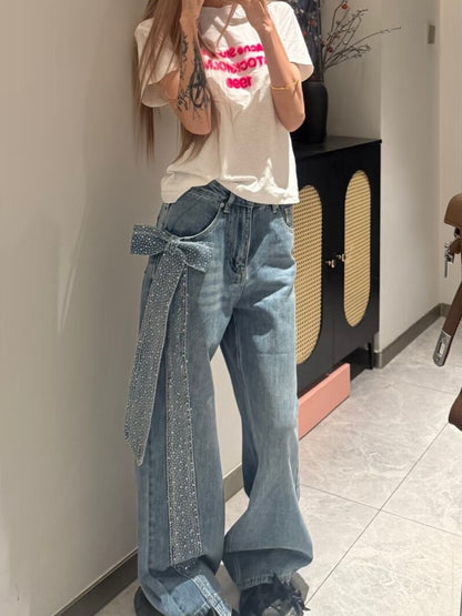 リボンストーン付きストレートデニムパンツ TK0548