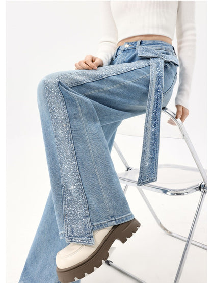 リボンストーン付きストレートデニムパンツ TK0548