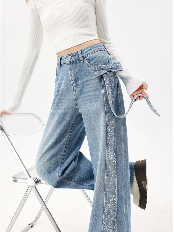 リボンストーン付きストレートデニムパンツ TK0548