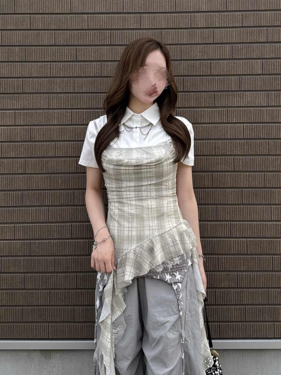 「k30」チェック柄アシンメトリーフリルトップス TK0569