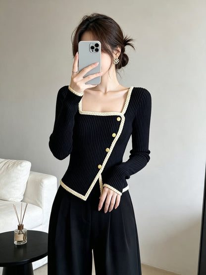 小香風配色スクエアネックニットトップス TK0615
