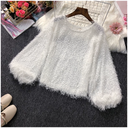 ふわふわフリンジショート丈長袖トップス TK0645