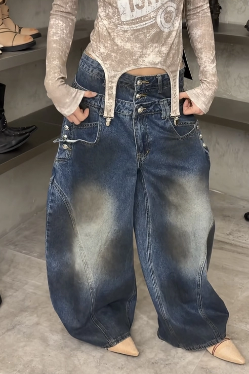 レイヤードウエストウォッシュデニムパンツ TK0648