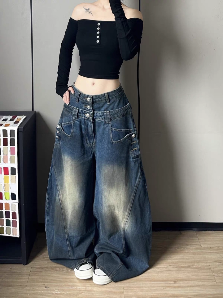 レイヤードウエストウォッシュデニムパンツ TK0648