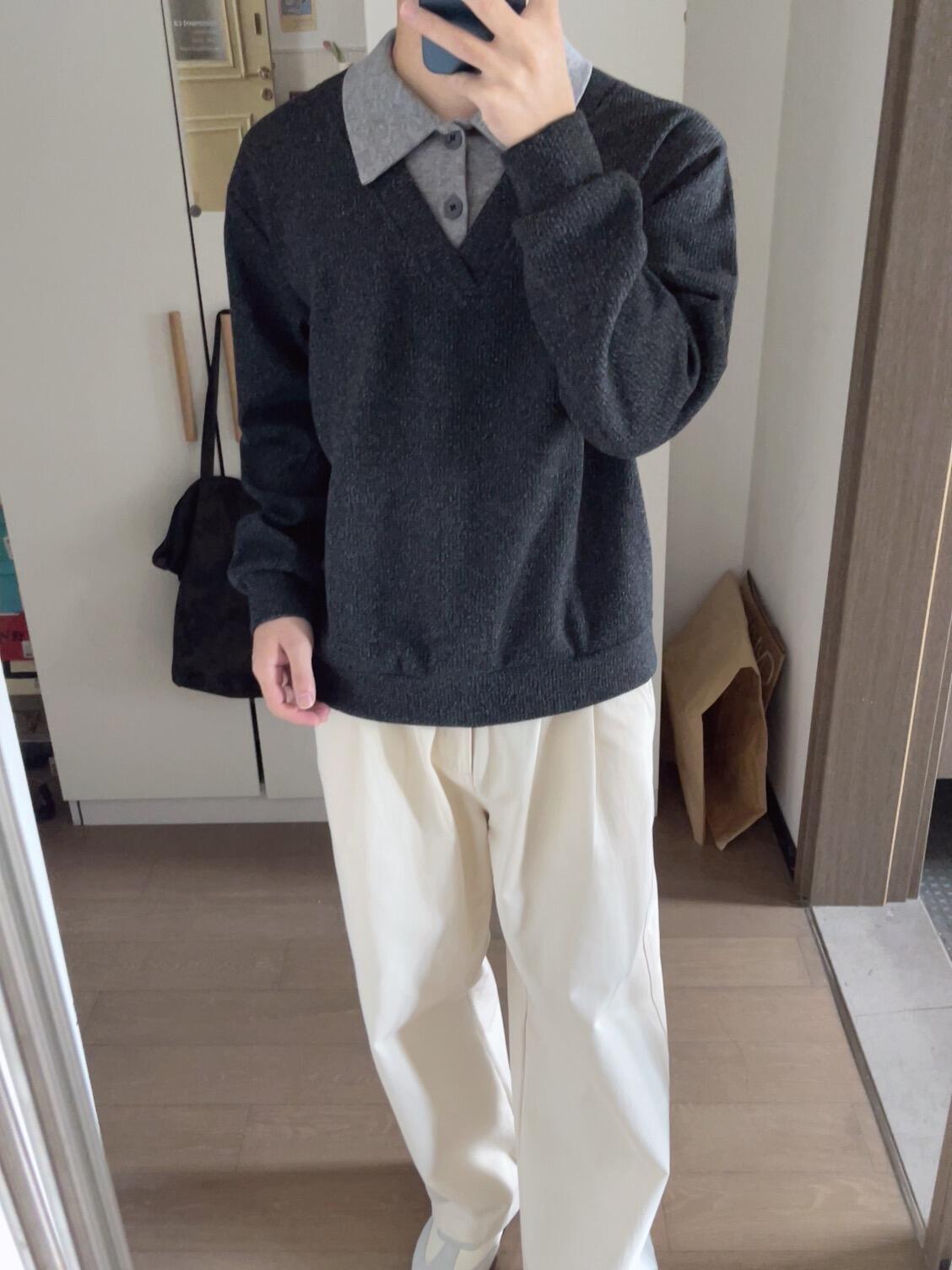 フェイクレイヤードポロ長袖ニットトップス TK0652