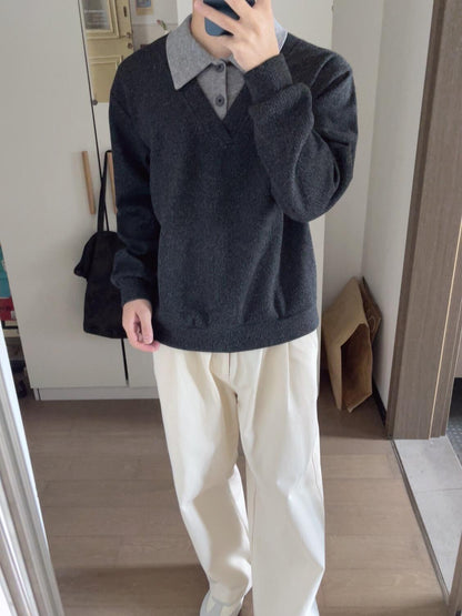 フェイクレイヤードポロ長袖ニットトップス TK0652