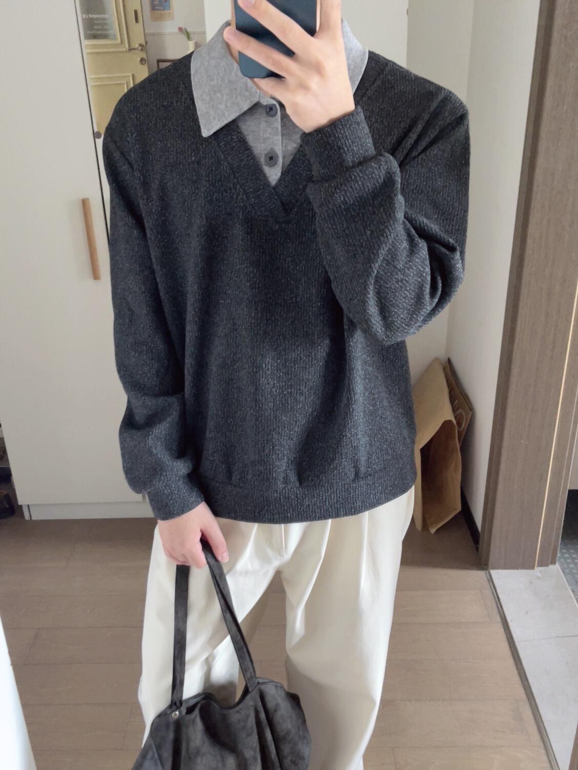 フェイクレイヤードポロ長袖ニットトップス TK0652