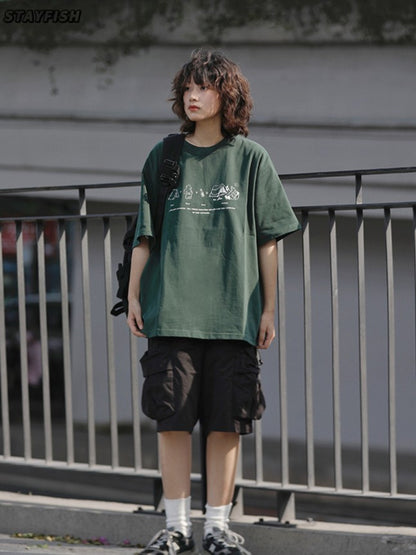 キャンプ柄ラウンドネックTシャツ ZB049