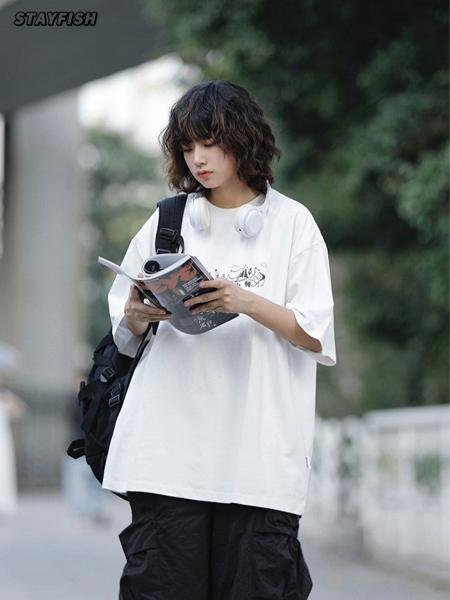 キャンプ柄ラウンドネックTシャツ ZB049