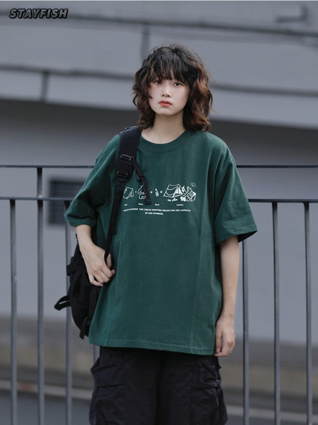 キャンプ柄ラウンドネックTシャツ ZB049