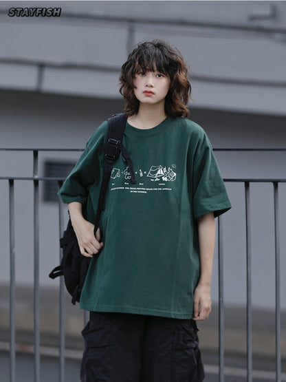 キャンプ柄ラウンドネックTシャツ ZB049