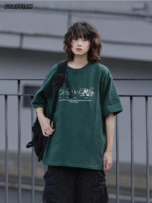 キャンプ柄ラウンドネックTシャツ ZB049