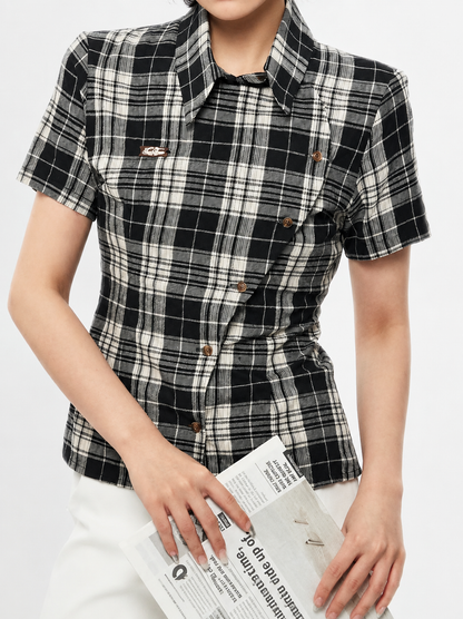 アシンメトリーボタンチェックTシャツ TK0506