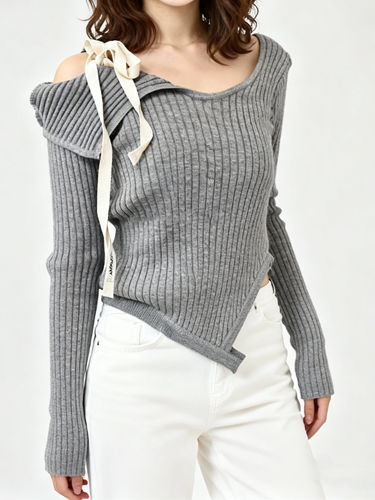 ワンオフショルダーギャザーリボン長袖シャツ  TK0326