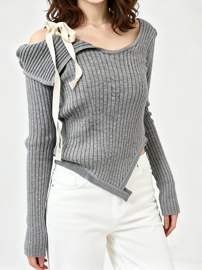 ワンオフショルダーギャザーリボン長袖シャツ  TK0326