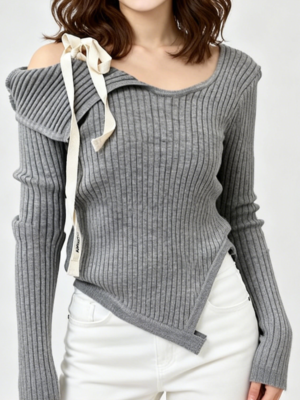 ワンオフショルダーギャザーリボン長袖シャツ  TK0326