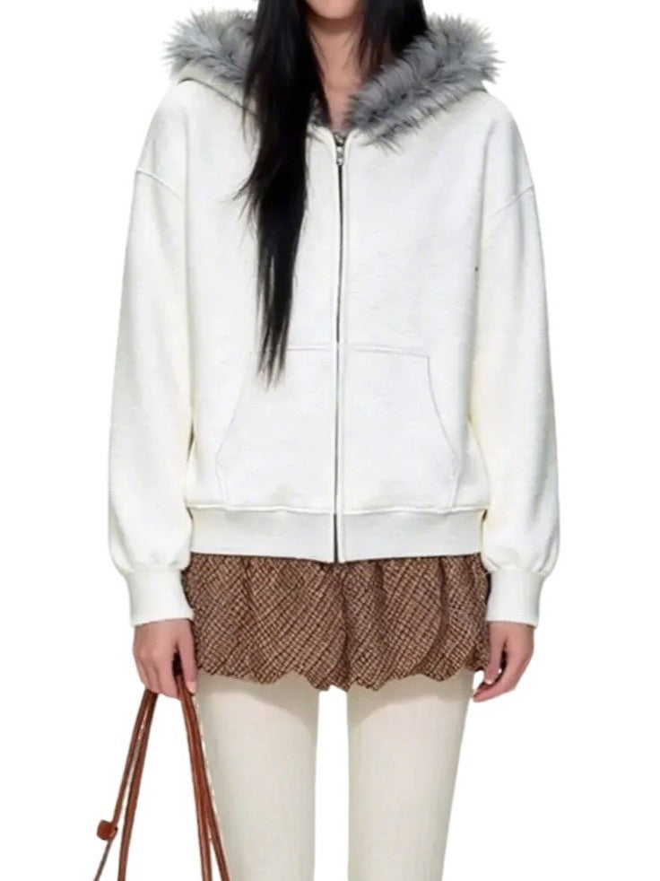 「ユニセックス」ファー付きフードゆったりパーカー TK0334