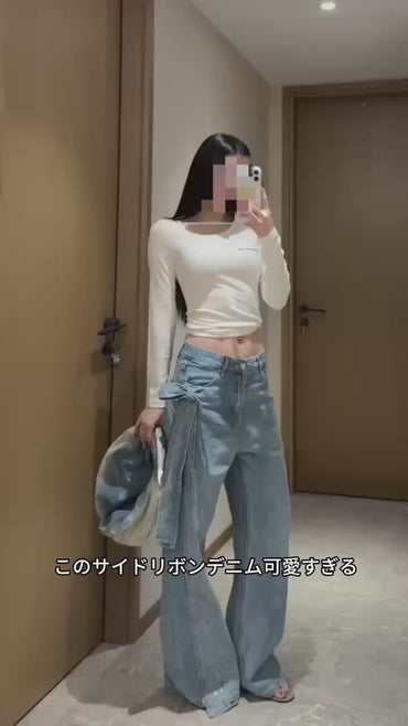 リボンストーン付きストレートデニムパンツ TK0548