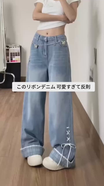 リボンタイロールアップデニムパンツ TK0547