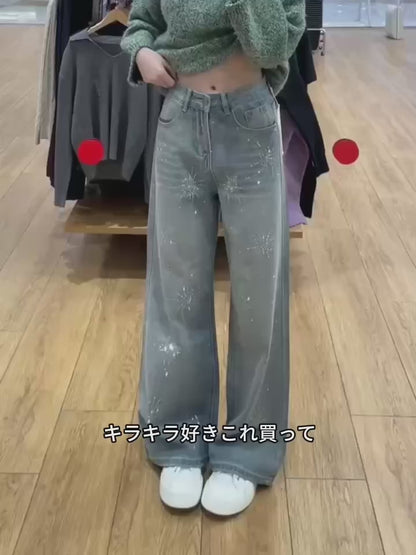 スパークルラインストーンワイドデニムパンツ TK0512