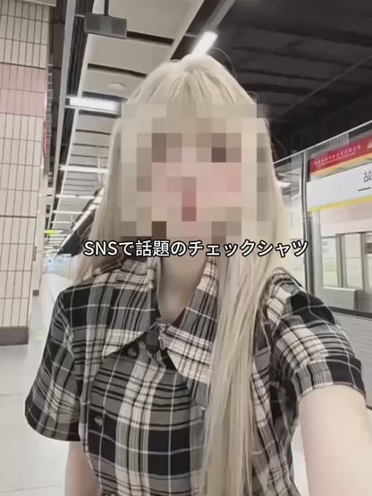 アシンメトリーボタンチェックTシャツ TK0506