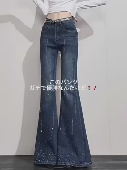 ハイウエストラインストーンフレアデニムパンツ TK0443